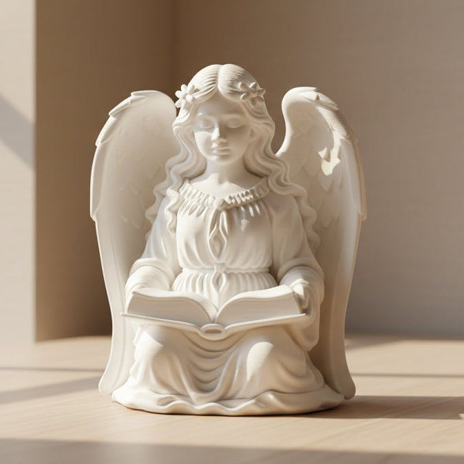 White angel statue holding a book on a dark surface with a blurred background