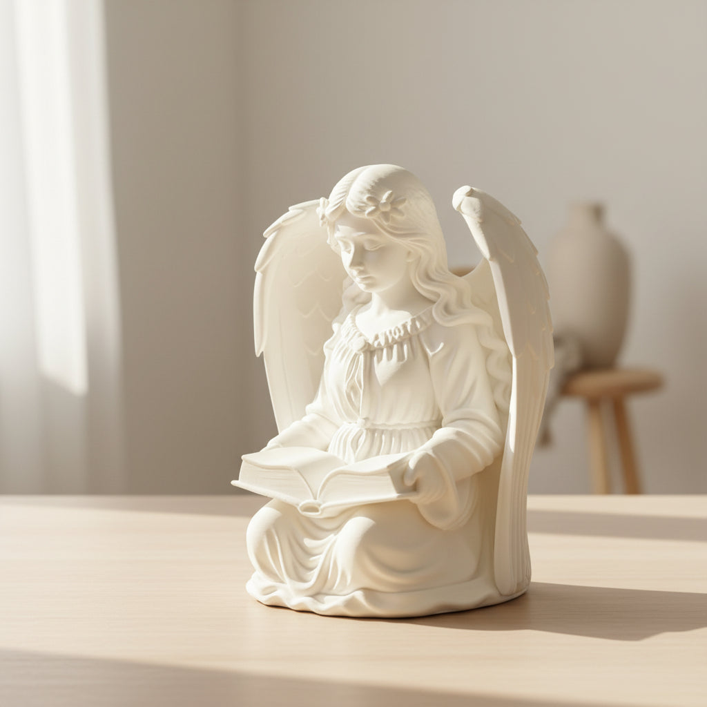 White angel figurine on a black surface with a neutral background