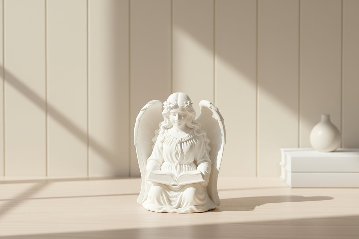 White angel statue on a dark surface with a blurred background